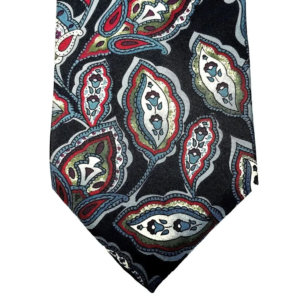 Christian Dior Tie Vintage Monsieur Leaf Paisley Floral Silk Black Red Blue Prep